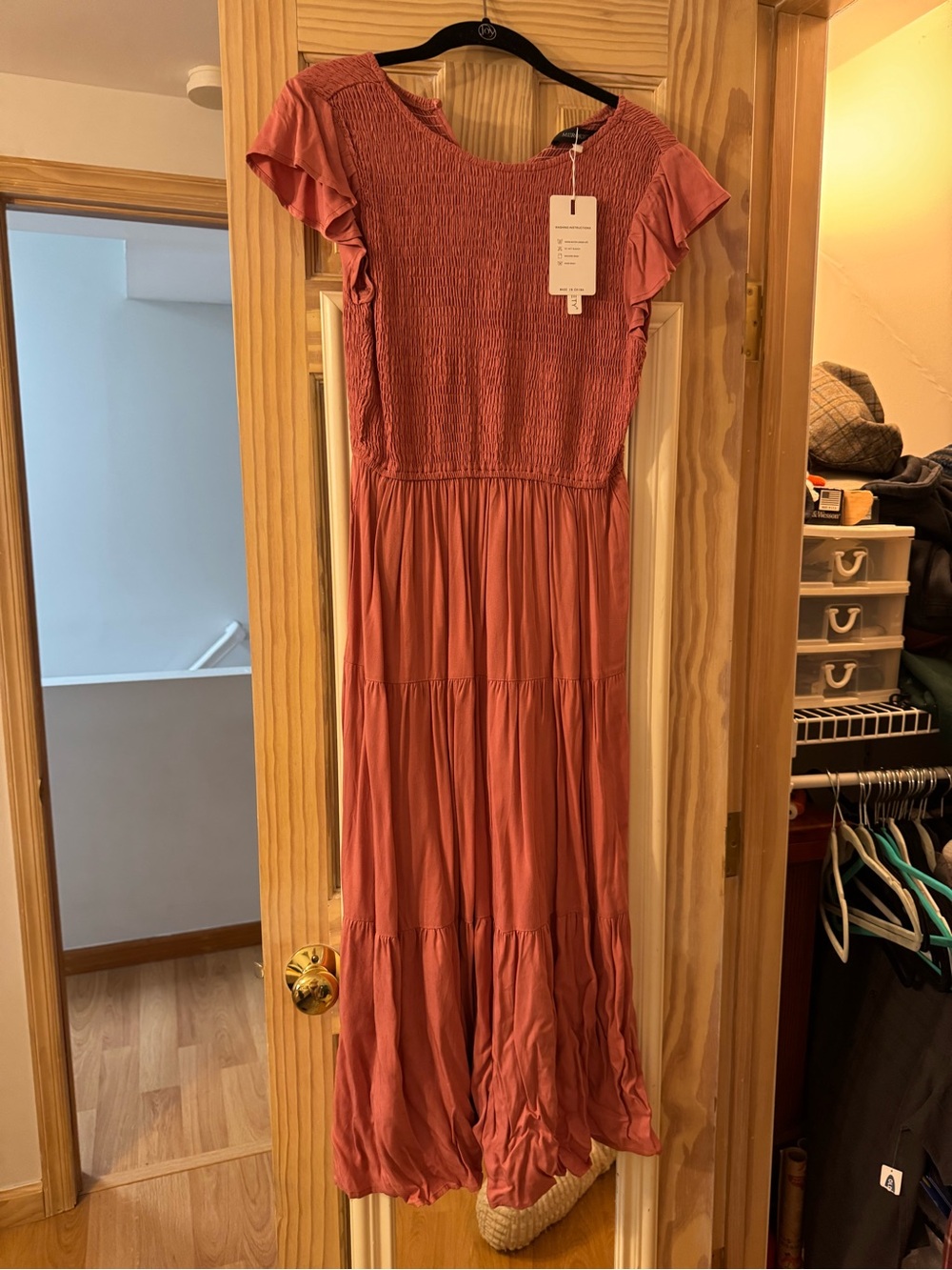 Smocked Maxi Dress with Ruffle Sleeves in pink